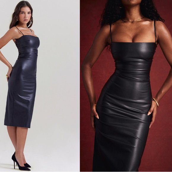 HOUSE OF CB 'Jalena' Black Vegan Leather Lace Back Dress NWOT - Picture 1 of 8